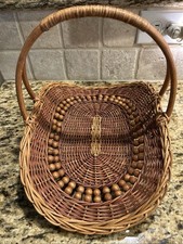 Vintage Wicker Rattan Foraging Basket Wooden Beads Reinforced Bottom picture