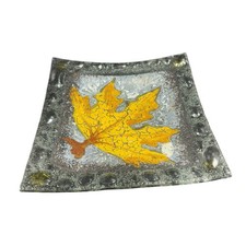 Euro Ceramic Fused Glass Plate Dish With Maple Leaf Bubbled Made In Turkey VTG picture