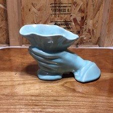 VTG Ceramic Cornucopia Vase Being Held By Hand Turquoise-Color picture