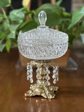 Vintage Hollywood Regency Crystal Lidded Candy Dish Brass Pedestal Prisms Bowl picture