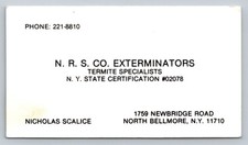 Vintage Business Card N.R.S. Exterminators Pest Control N. Bellmore NY Scalice picture