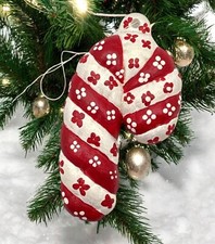 Vintage Candy Cane Christmas Ornament Red & White Floral Design Handpainted picture