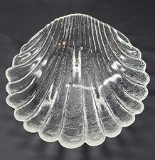 Clear Glass Shell Bowl Scallop Textured 10 in Vintage Thick Glass Footed Serving picture