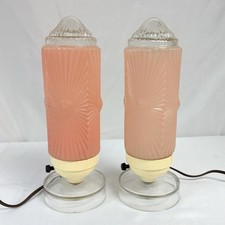 Pair Vtg Art Deco Boudoir Lamps Skyscraper Sunburst Pink Frosted w/ Clear Tops picture
