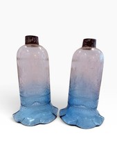 Victorian Blue Glass Hurricane Shades Storm Greek Etched Pattern Estate Set Of 2 picture