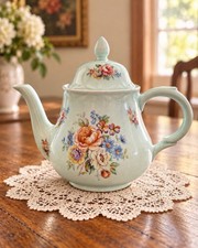 Antique Arthur Wood England KEW Floral Teapot Seafoam Green Crazed Glaze picture