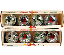 8 Vintage JewelBrite Diorama Bells & Holly Xmas Ornaments BOXED Unbreakable MCM picture