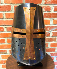 Medieval Style Polished Metal Helmet w/ Stand, Black & Brown Decorative Armor picture