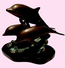 Vintage DOLPHINS Seascape San Pacific Int SPI BRONZE PATINA SCULPTURE STATUE 6
