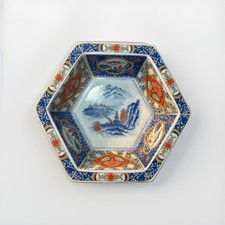 Vintage Japanese Imari Porcelain Octagonal Bowl Hand Painted Landscape Center picture