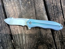 Matt Cucchiara Custom Severen Flipper Knife-Hand Satin Harpoon Blade-Blue Ano Ti picture