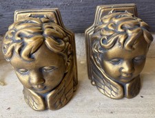Vintage Gold Colored Cherub Faces Bookends Chalkware picture