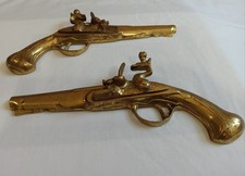 Vintage Old Antique Brass Guns pair wall hung pistols decorative displays 9.5in picture