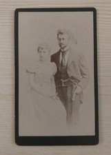 Antique CDV Photo Elegant Victorian Couple Man Suit Woman Puffy Sleeve Dress VTG picture
