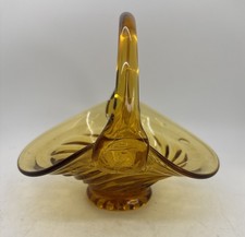 Vintage Amber Handled Swirl Design Art Glass Basket Very Nice 6.75”x6.5” picture