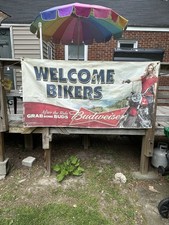 BUDWEISER WELCOME BIKERS-AFTER THE RIDE GRAB SOME BUDS BEER BANNER 70”x 36” USED picture