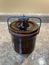 Vintage Stoneware Cheese Butter Crock Brown Glazed Wire Bail Latch Locking Lid picture