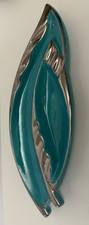 MCM 17.75” Leaf Console Planter Dish Turquoise Teal Silver Calif Pottery 1950s picture