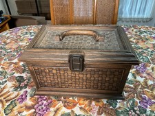 Vtg Retro-Style Lerner Plastic Sewing Box Faux Wood & Basket Weave Pattern    B5 picture