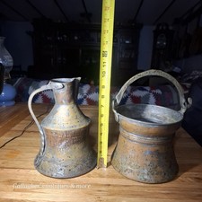 Lot Of 2 Antique Primitive Hammered Copper Brass Kettle Pitcher Jug Coldron Cook picture