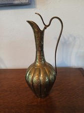 Vintage Solid Brass Ewer Pitcher India Hand Engraved Floral Vase 8
