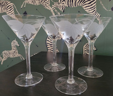 Vintage McBride Cameo Stemmed Martini Glass Cocktail Etched Frosted Leaf SET 4 picture