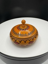 Vintage Romanian Folk Art Wooden Trinket Box Round Lidded Pyrography Handpainted picture