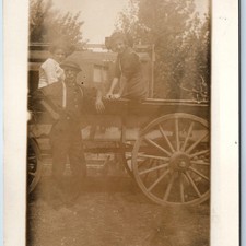c1910s Outdoor Girls & Farmer Wooden Spoke Wheel Wagon RPPC Suspenders Photo PC picture