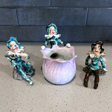 Vintage Occupied China Elf Pixie Figurines Planter 3 Pc Set Hand Painted 1940s picture