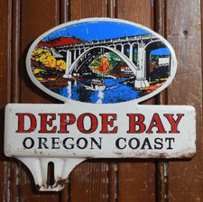 DEPOE BAY OREGON COAST STAMPED PAINTED METAL TOPPER SIGN AUTO BRIDGE CIRCA 1950s picture