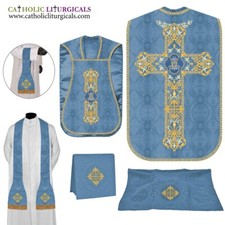 NEW Marian Blue Roman Chasuble Fiddleback Vestment and Mass set, AM embroidery picture