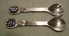 CHROME AND CERAMIC FORK SPOON SALAD SERVER SET BEAUTIFUL picture