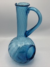 Vtg Aqua Blue Hand Blown Optic Swirl Art Glass Pitcher Bubble Hole Opening 11.75 picture