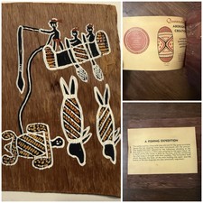 Vintage Queensland ABORGINAL CREATION / hand painted bark / FISHING EXPEDITION picture