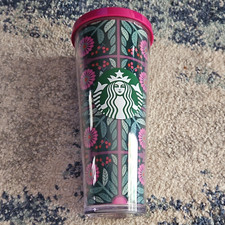 Starbucks Floral Leaf Pattern Cold Cup Tumbler w/ Pink Lid Coffee & Tea picture