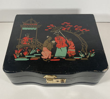 Vintage Asian Wooden Silverware Box Black Lacquer Red Felt Lined Dovetail Corner picture