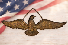 Vintage 16.5” Cast Metal Eagle Wall Plaque Chain Bronze Tone Americana Federal picture