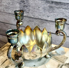 Vintage Silverplate Lotus Flower Centerpiece Bowl 3 Taper Candle Holder Unmarked picture