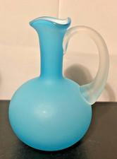 Vintage Mid Century Blue Satin Cased Glass Small Pitcher/Applied Handle picture