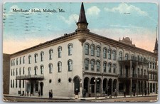 1914 Merchants Hotel Moberly MO Lamp Posts Street Scene ANTIQUE Postcard 10348 picture