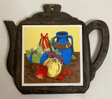 Vintage Seven Star Cast Iron Teapot Trivet w/Ceramic Tile – Fruit Still Life picture