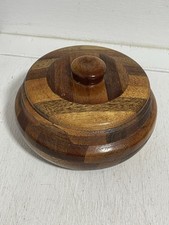 Vtg Handcrafted Segmented Inlaid Multi Wood Lidded Round Trinket Bowl 18x8cm picture