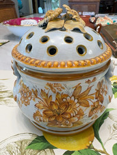 Antique 19th C European Faience Potpourri Jar Pierced Lid Applied Flowers 5.5” picture