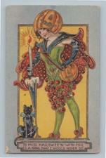 Postcard Miss Halloween Woman Pumpkin Head Black Cat Candle Antique H6 picture