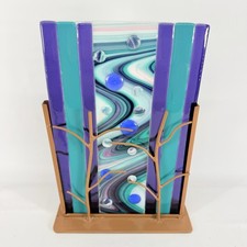 Fused Art Glass Panel Abstract On Metal Stand Trees Aqua Blue Purple White 12” picture