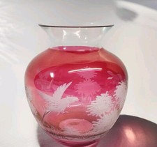 Vintage Cranberry Glass Vase Etched Birds Landscape picture