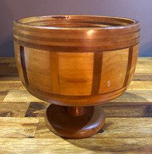 Vintage Hand Turned Segmented Wood Pedestal Bowl Multi Wood Chalice 6” Diameter picture