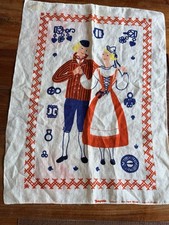 Vintage Finnish Boy & Girl Kitchen Dish/Tea Towel Cotton Blue Red Yellow picture