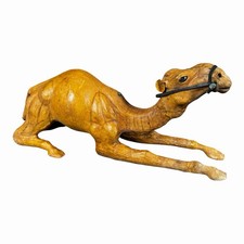 Vintage Leather Wrapped Camel Statue Glass Eyes Laying Down 13” Long MCM picture