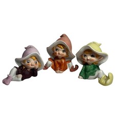 Vtg Set of 3 HOMCO Elf Pixie Figurines Taiwan 5213 Mushroom Hat Cute Fairy Decor picture
